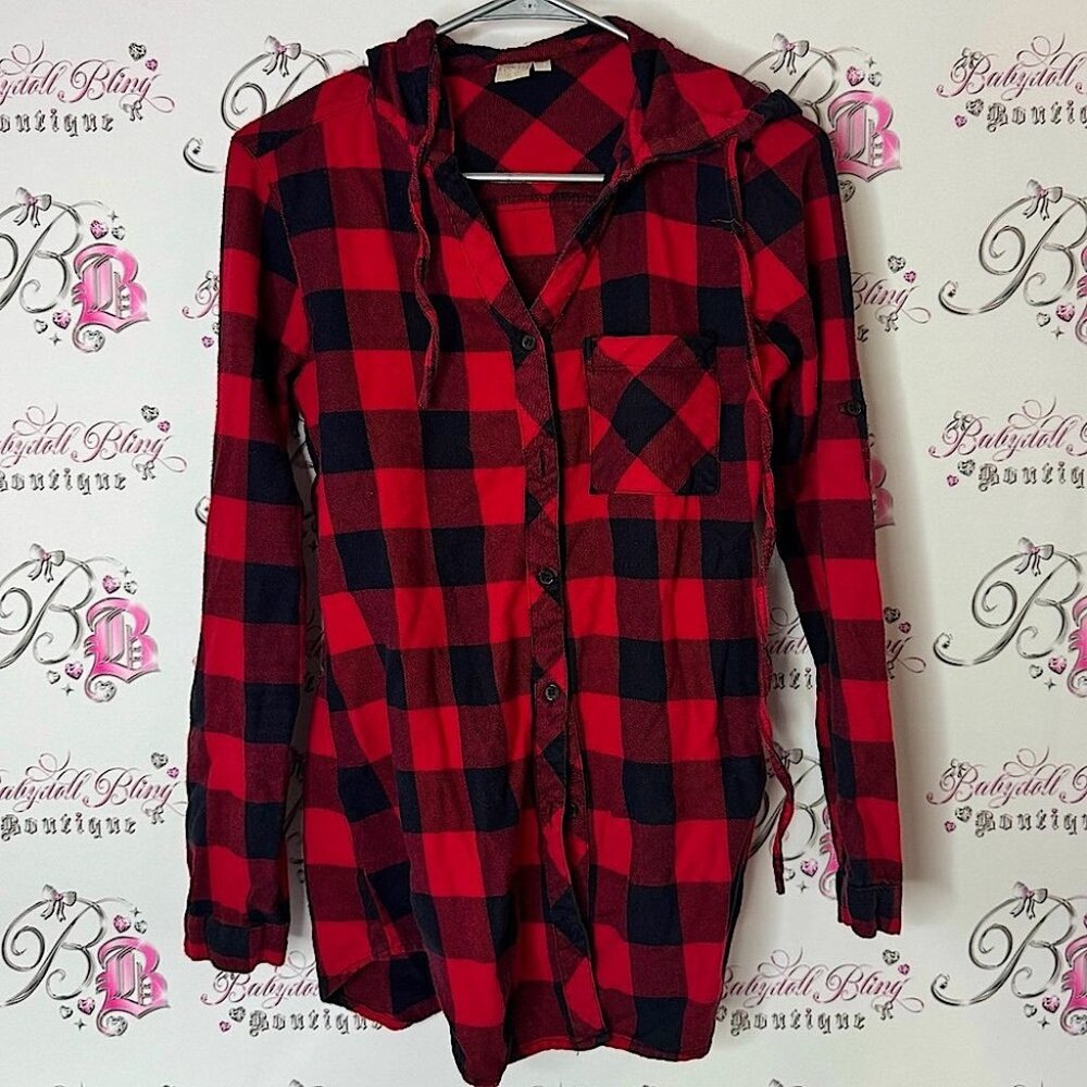 Twik Shirt Button Up Hooded Long Sleeve Red And Black Plaid Shirt
